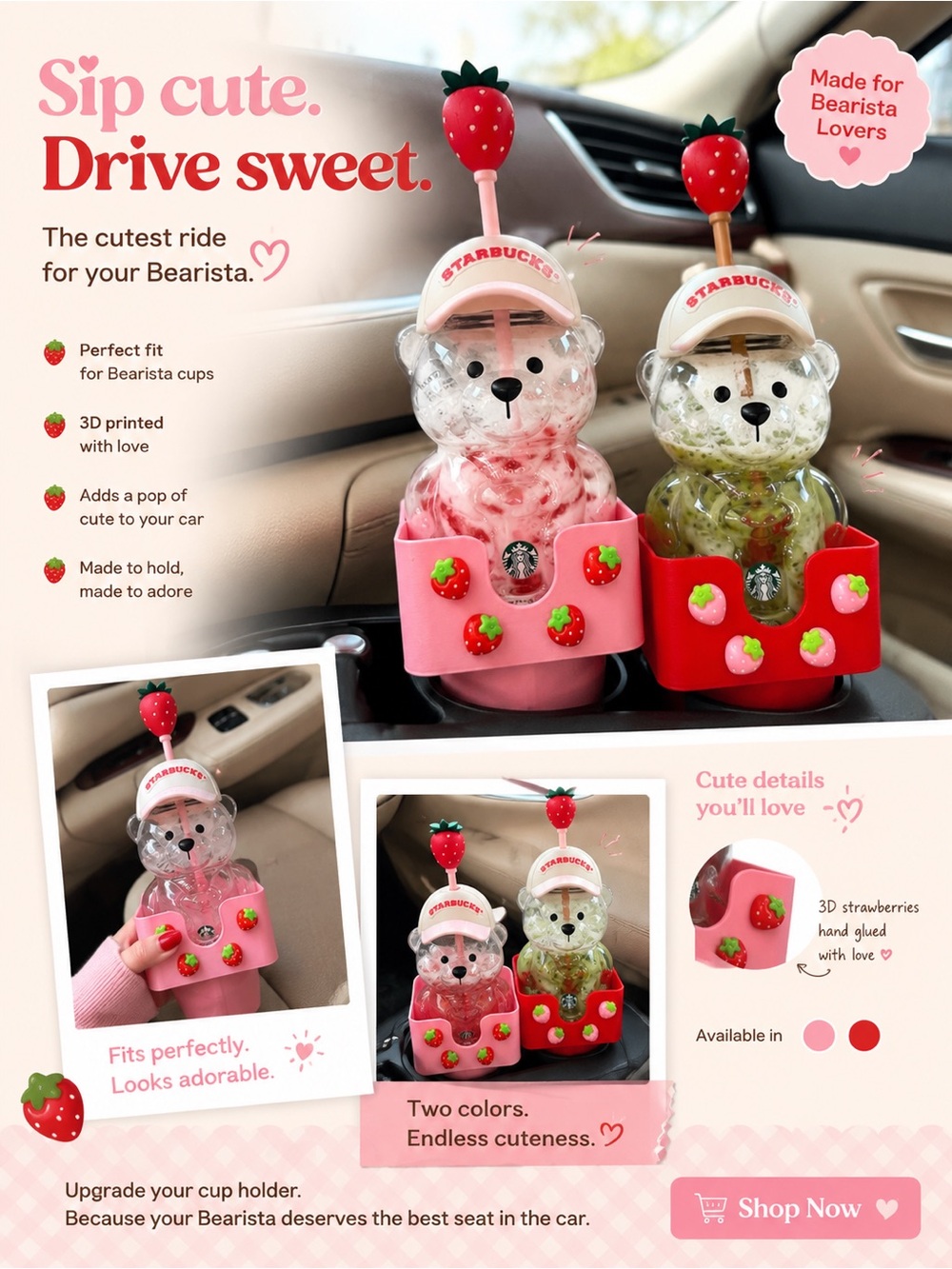 Starbucks Strawberry Bearista Cup Holder - Pink & Red